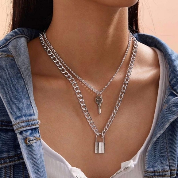 Chain Necklace Egirl Eboy Lock cross key 5 layers - Picture 12 of 13